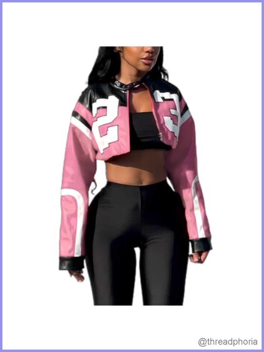 Faux Leather Cropped Bomber Jacket Zip Up Long Sleeve Casual